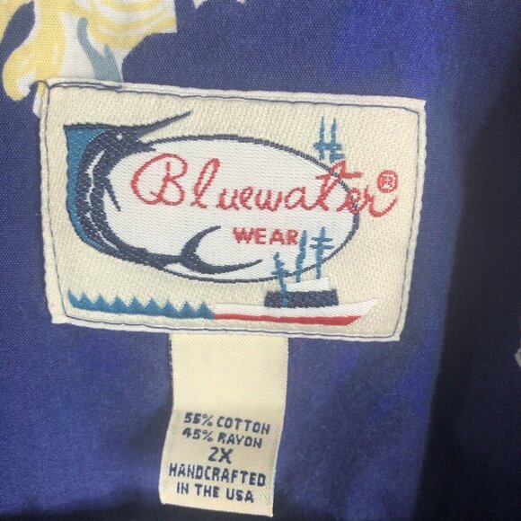 Vintage Hawaiian Shirt Mens 2X Blue Pinup Girls Retro Beach Bikinis Sailors - Picture 15 of 16